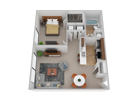 A top-down view of a small apartment with a bedroom, living room, and kitchen.